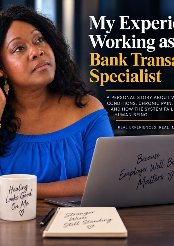 Kyia Mobley sitting thoughtfully at a desk beside a laptop, books and sneakers in an editorial image representing her experience working as a Bank Transaction Specialist and the impact of chronic pain, mental health and workplace conditions.